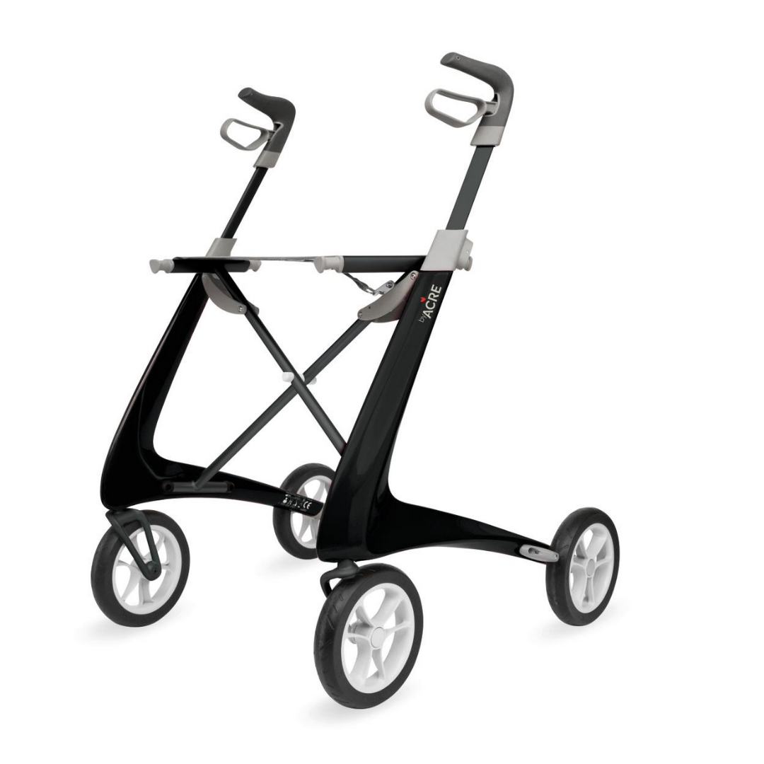 The ByACRE Ultralight Carbon Fiber Rollator, weighing just 10.6 lbs, boasts a sleek design with four large wheels and ergonomic handles, offering a modern, minimalistic structure ideal for mobility assistance.